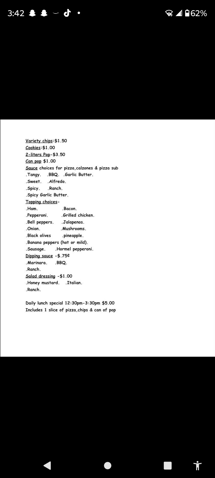 Kessler's Pizza Menu