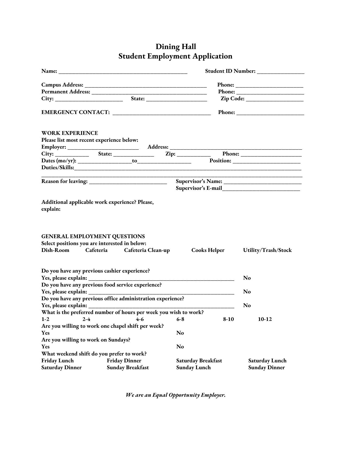 Chuck's Dining Hall Menu