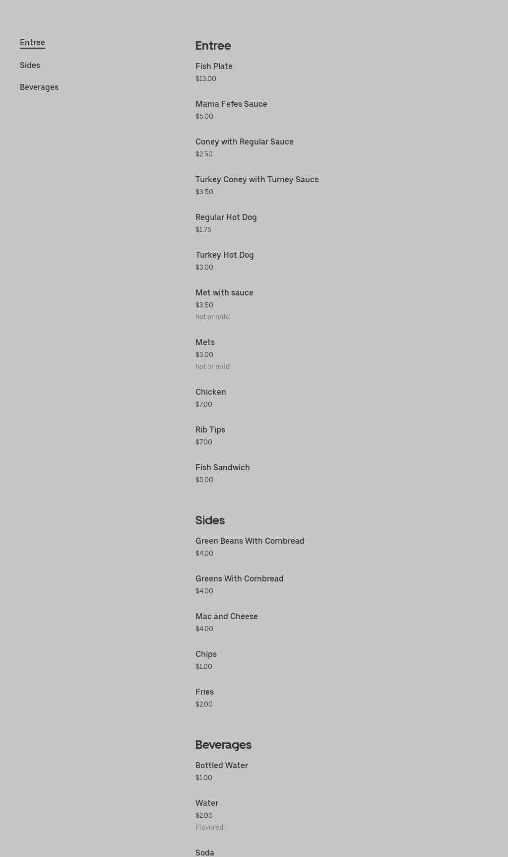 Mama Fe Fe's Soul Food and Catering L.L.C. Menu