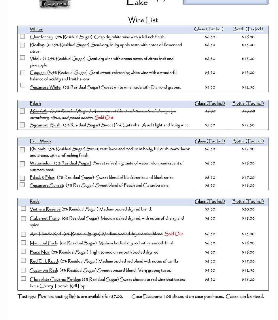 Sycamore Lake Wine Company Menu