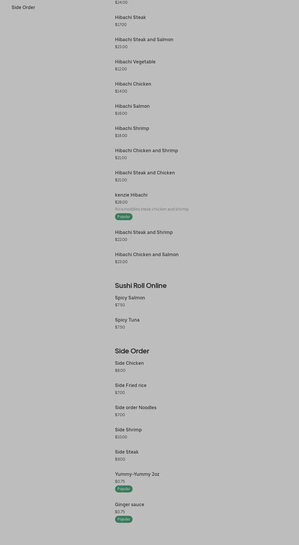 kenzie Hibachi Sushi Menu