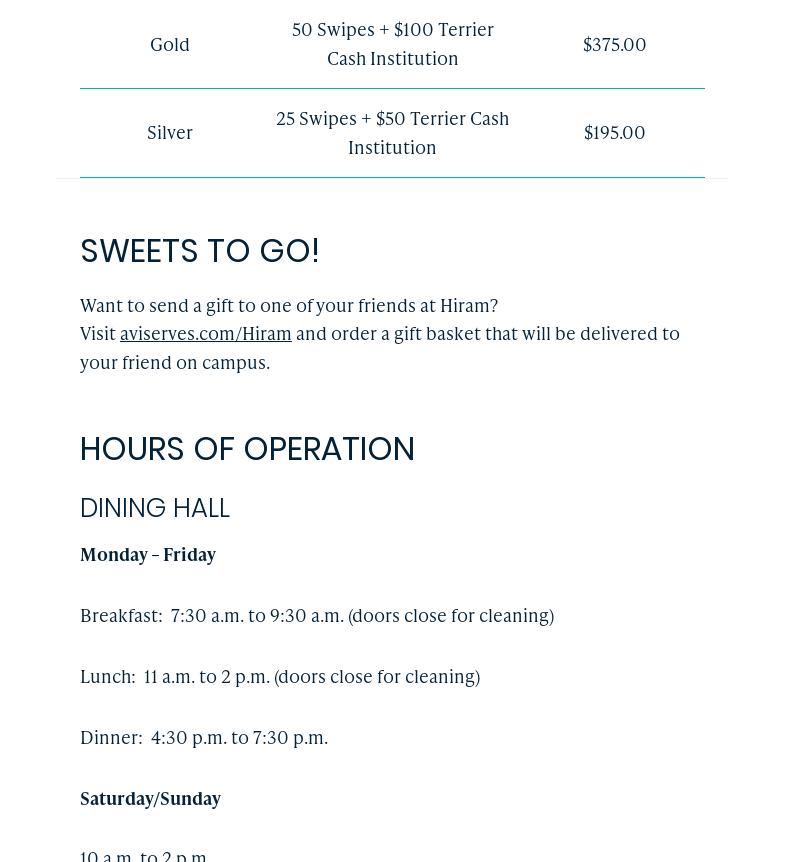 Hiram College Dining Hall Menu