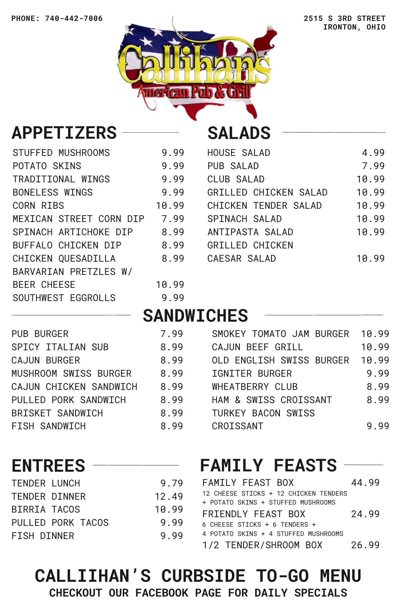 Callihan's Pub and Grill At The Oasis Menu