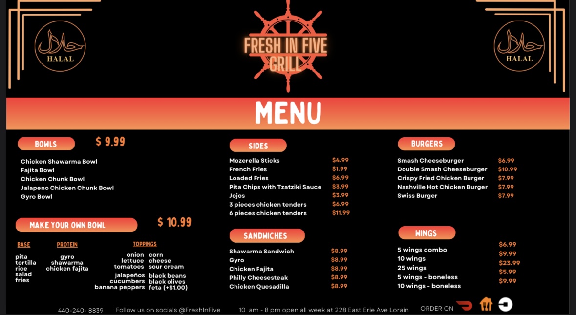 Fresh in five Halal food Menu