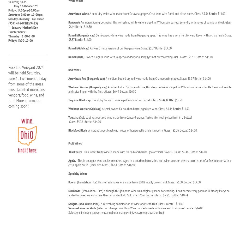 Indian Spring Winery Menu