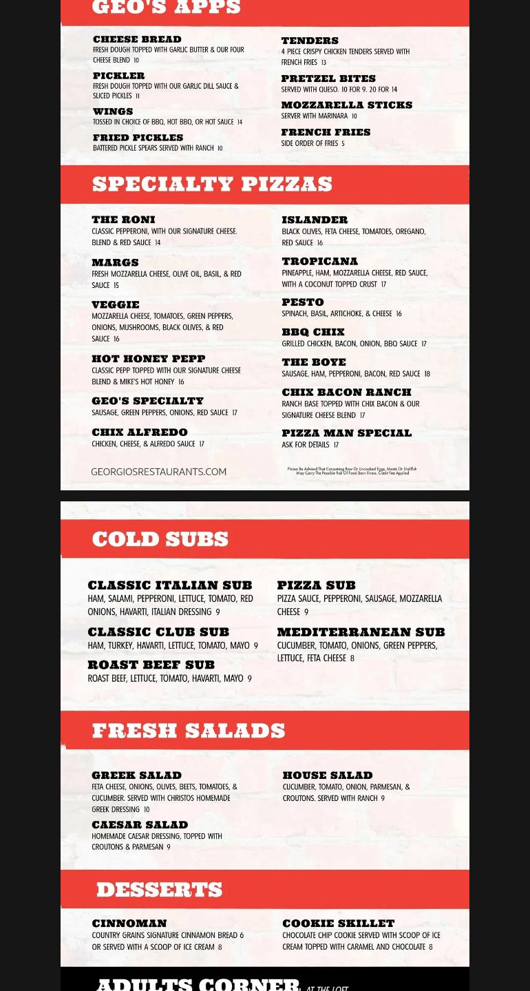 Geo's Pizzas & Loft Menu