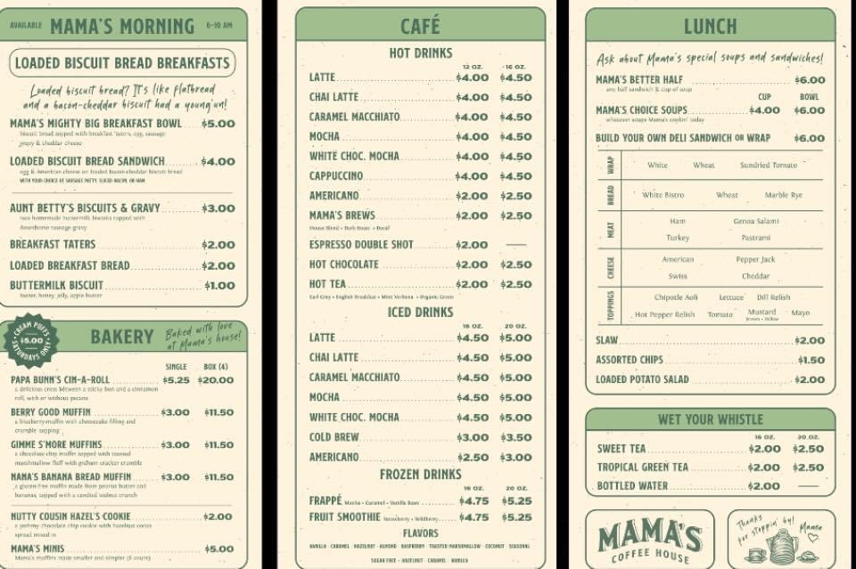 Mama’s Coffee House Menu