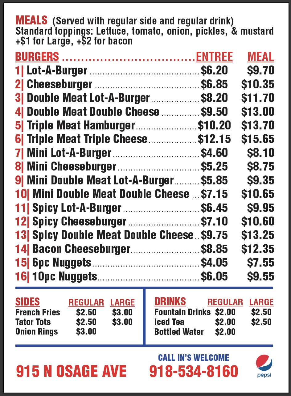 Dewey Lot-A-Burger Menu