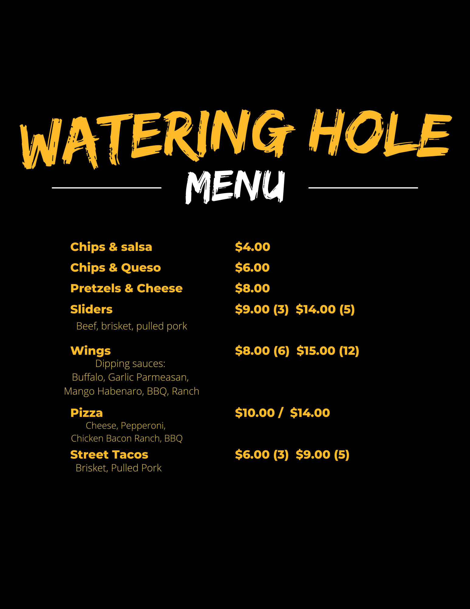 The Watering Hole Menu