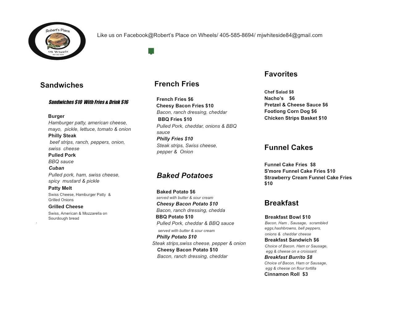 Robert's Place on Wheels Menu