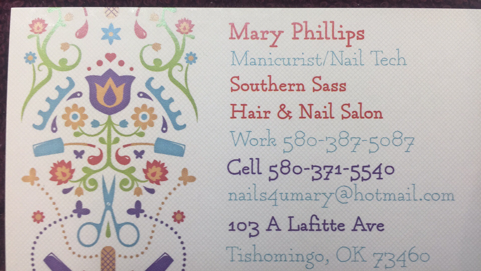 Southern Sass Hair & Nail Salon 103 A Lafitte Ave, Tishomingo Oklahoma 73460