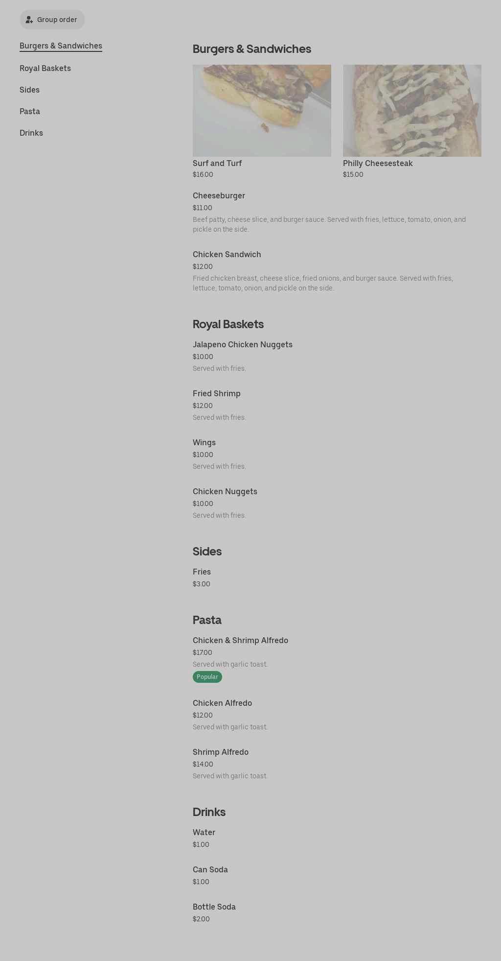 Royal T’s Bistro Menu