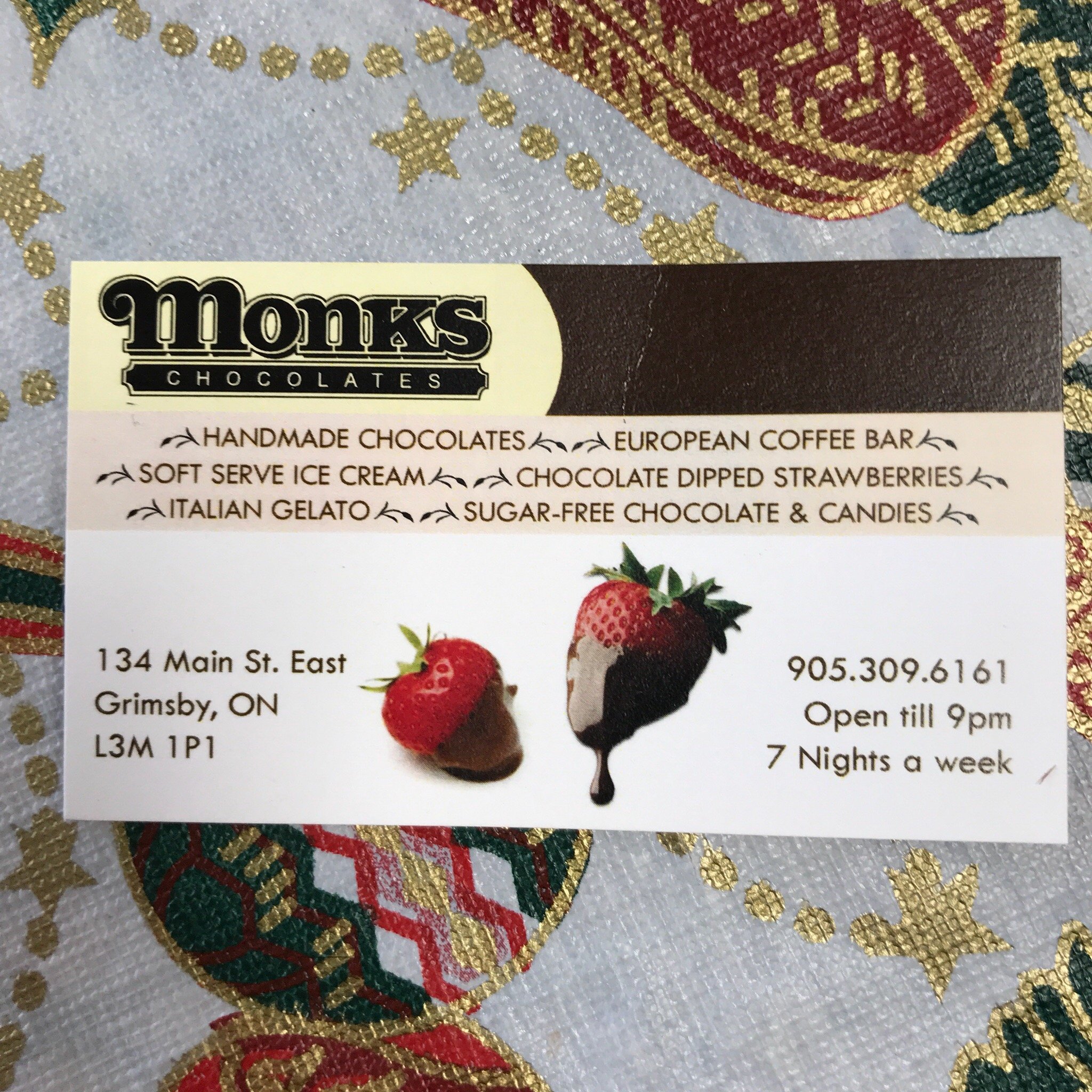 Monks Chocolates Menu