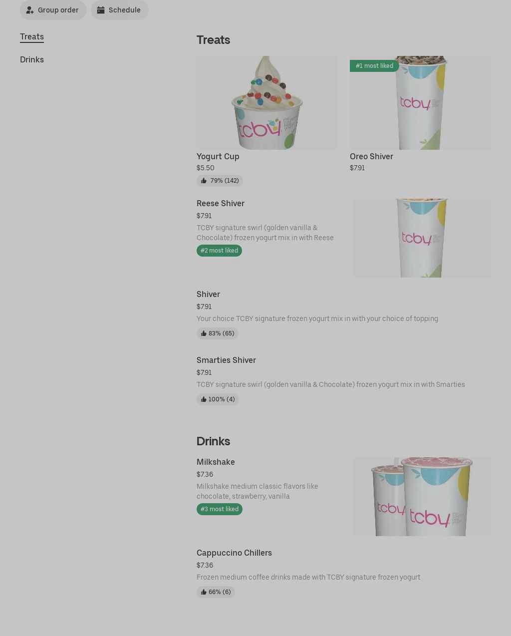 TCBY Yogurt Menu