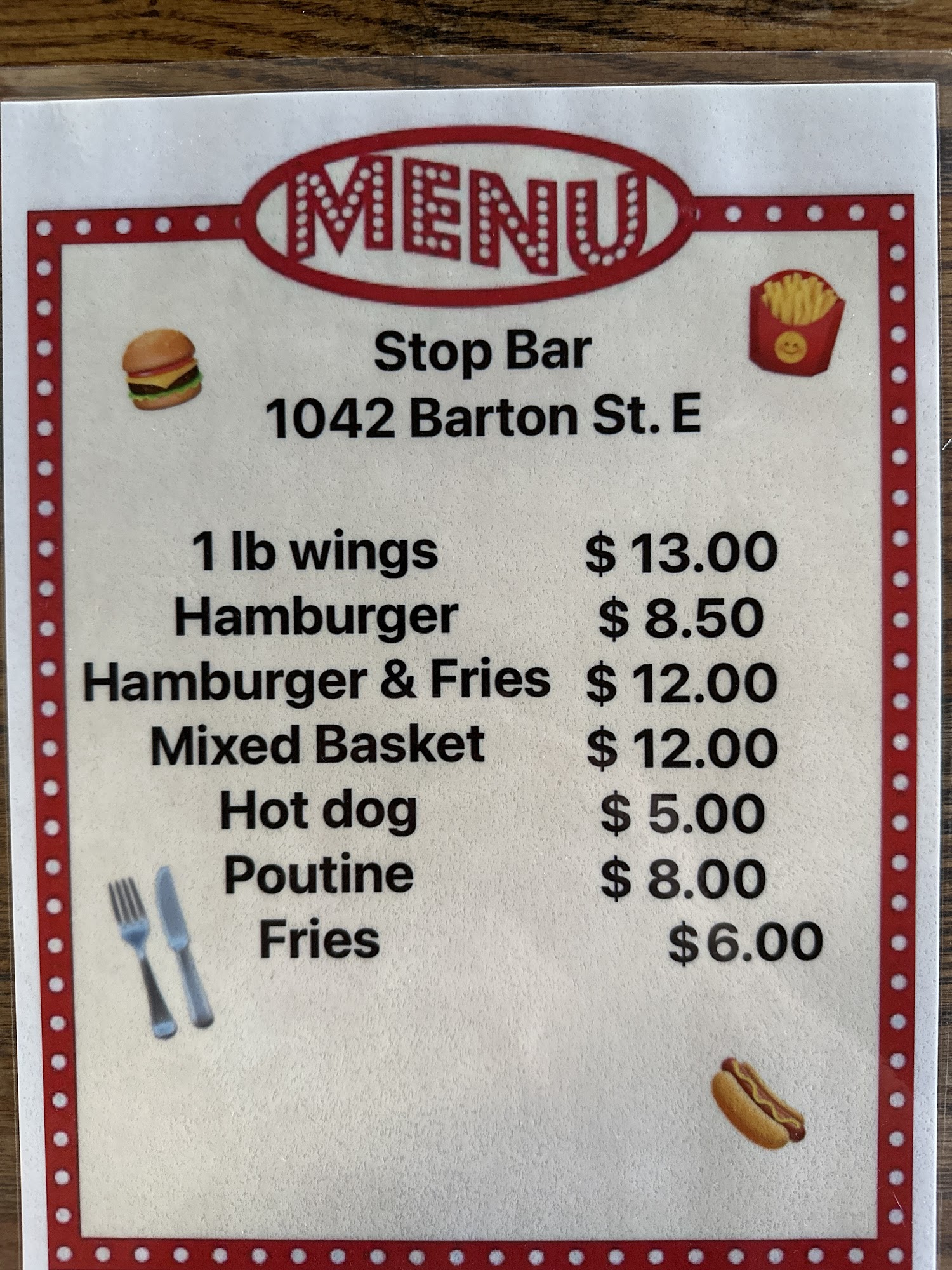The Stop Bar Restaurant and Grill Menu