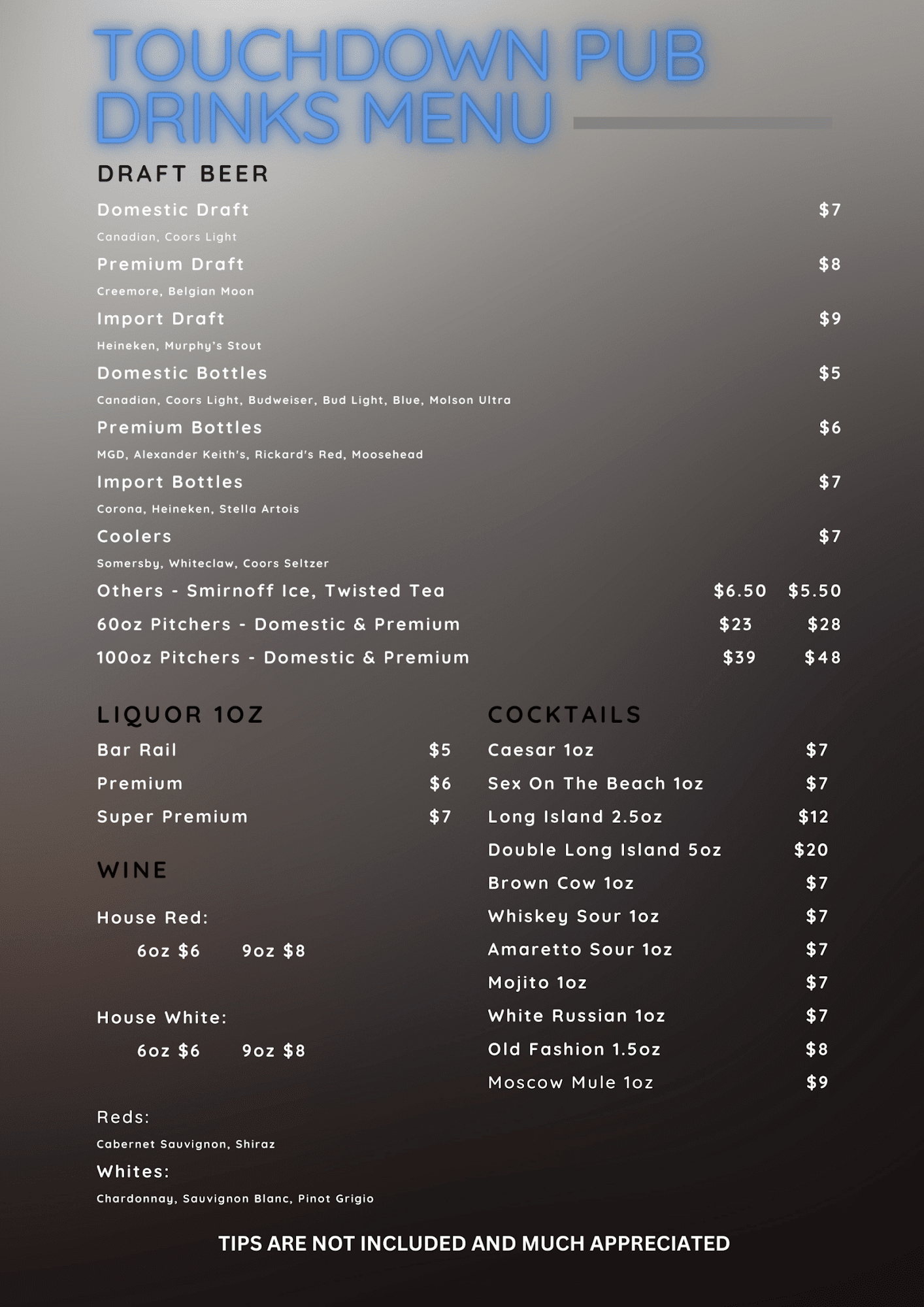 Barton Touchdown Pub Menu