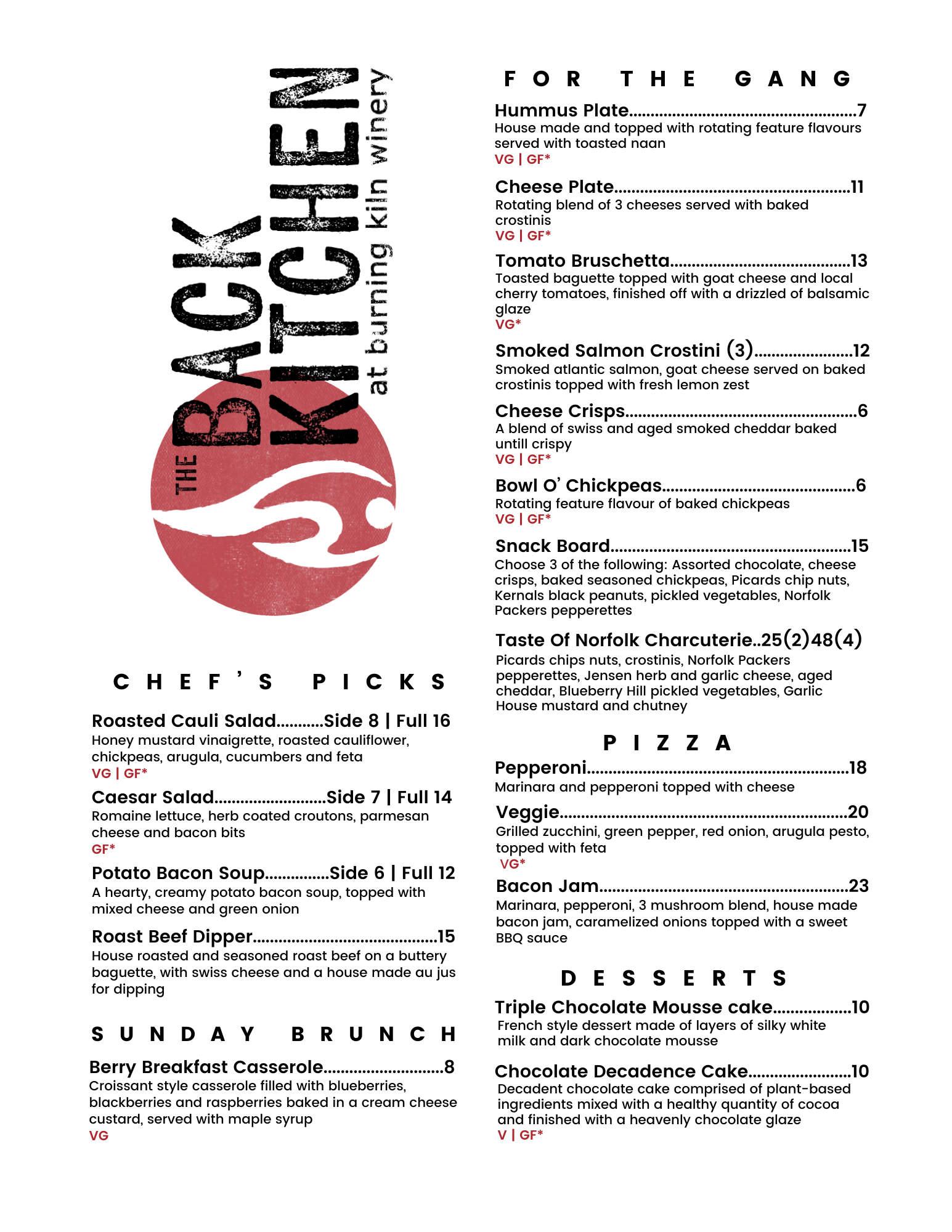 Burning Kiln Winery Menu