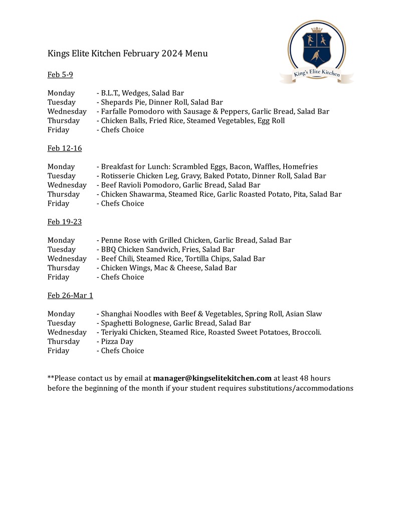 King's Elite Kitchen Menu