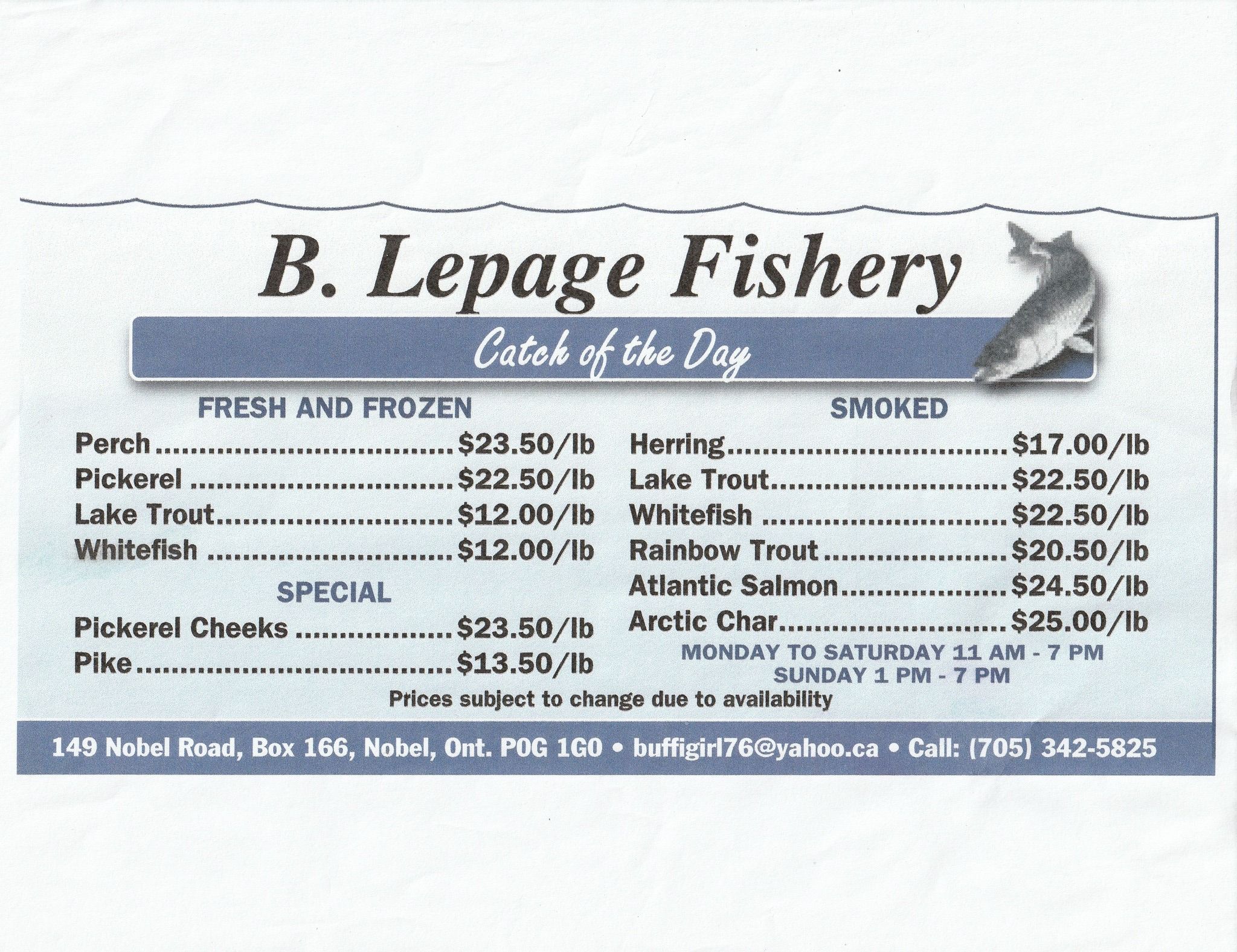Lepage Fishery Menu
