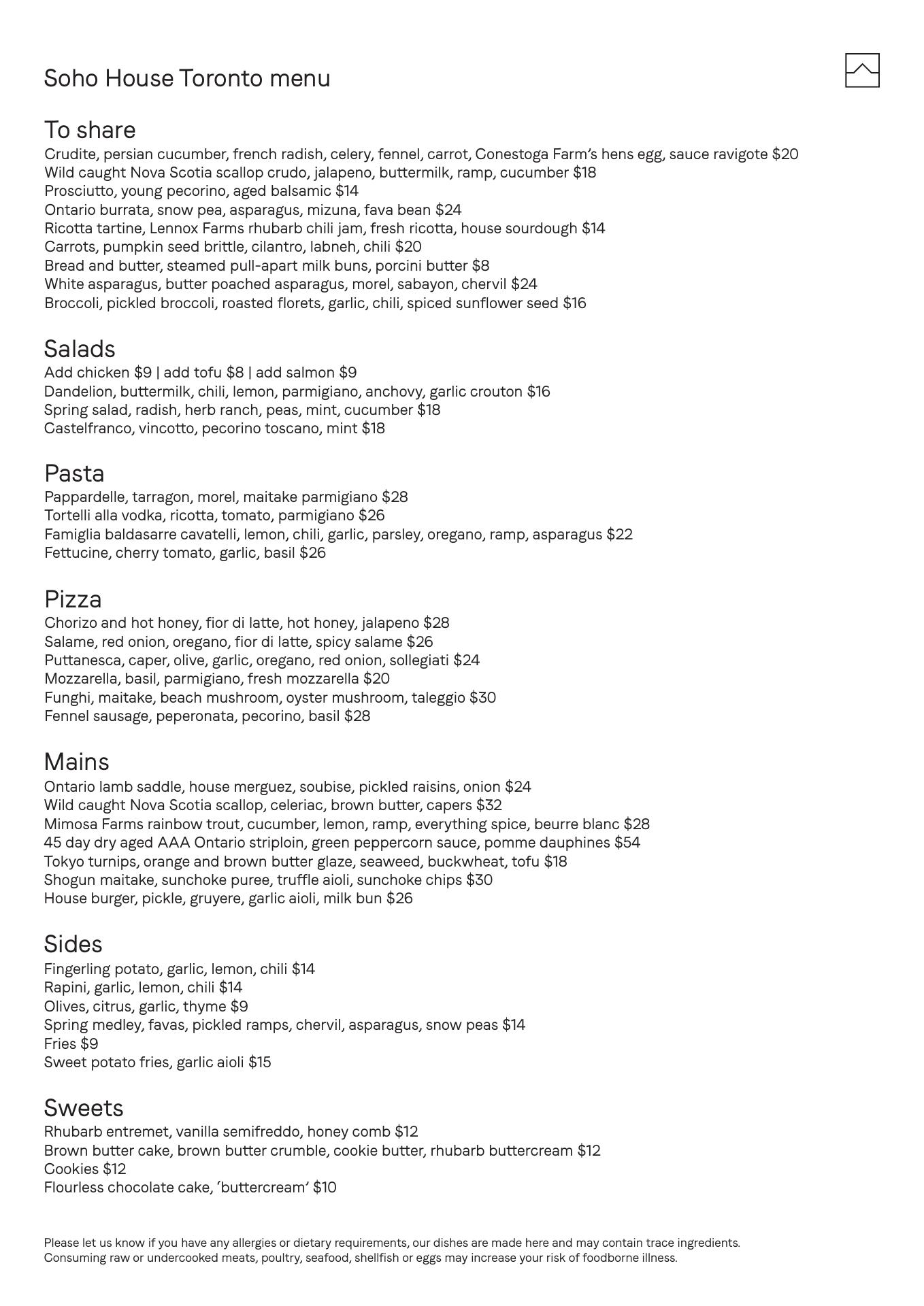 Soho House Toronto Menu
