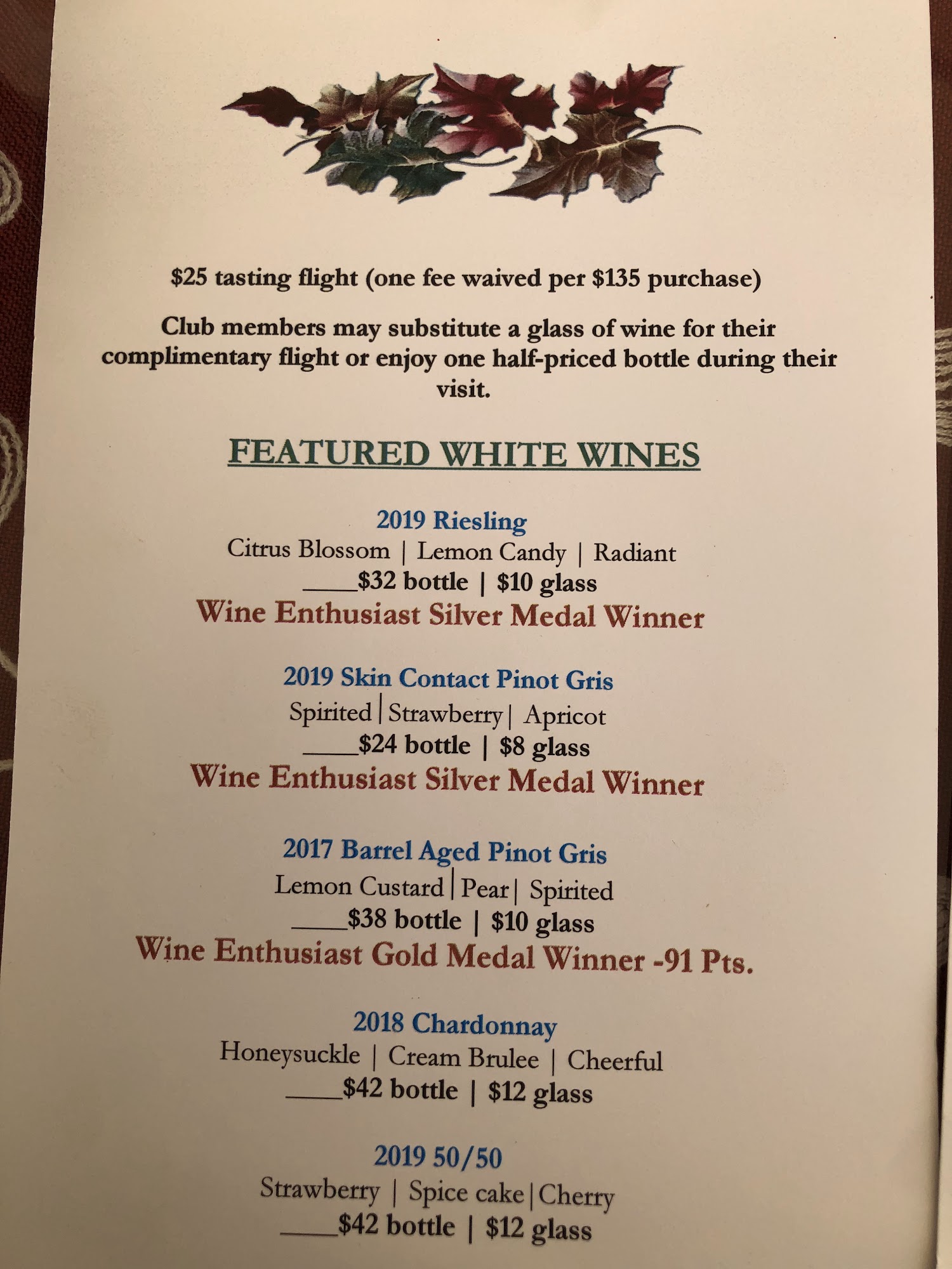 Keeler Estate Vineyard Menu