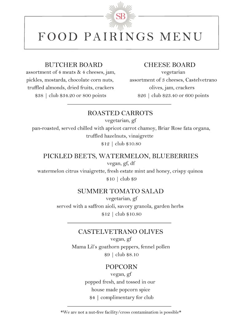 Sokol Blosser Winery Menu
