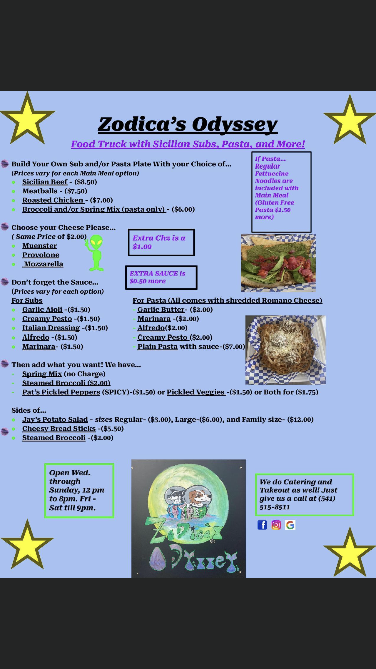 Zodica's Odyssey Menu