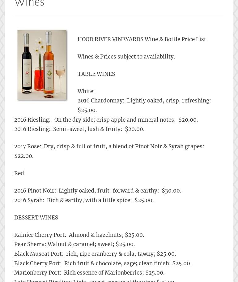 Hood River Vineyards and Winery Menu