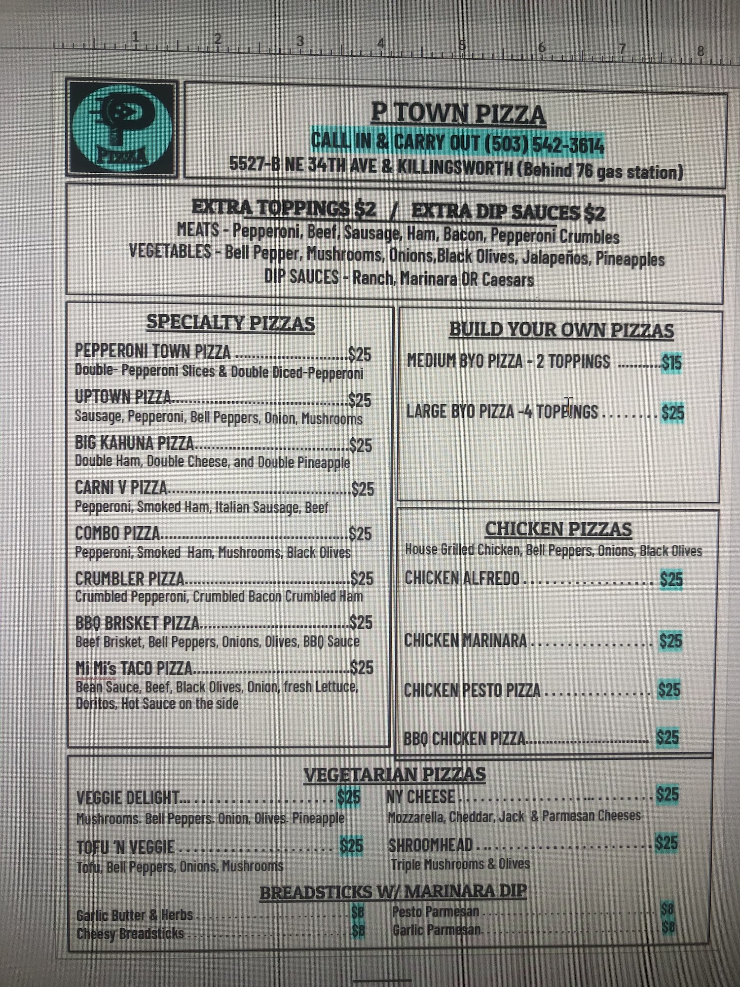 P Town Pizza on 34th Menu