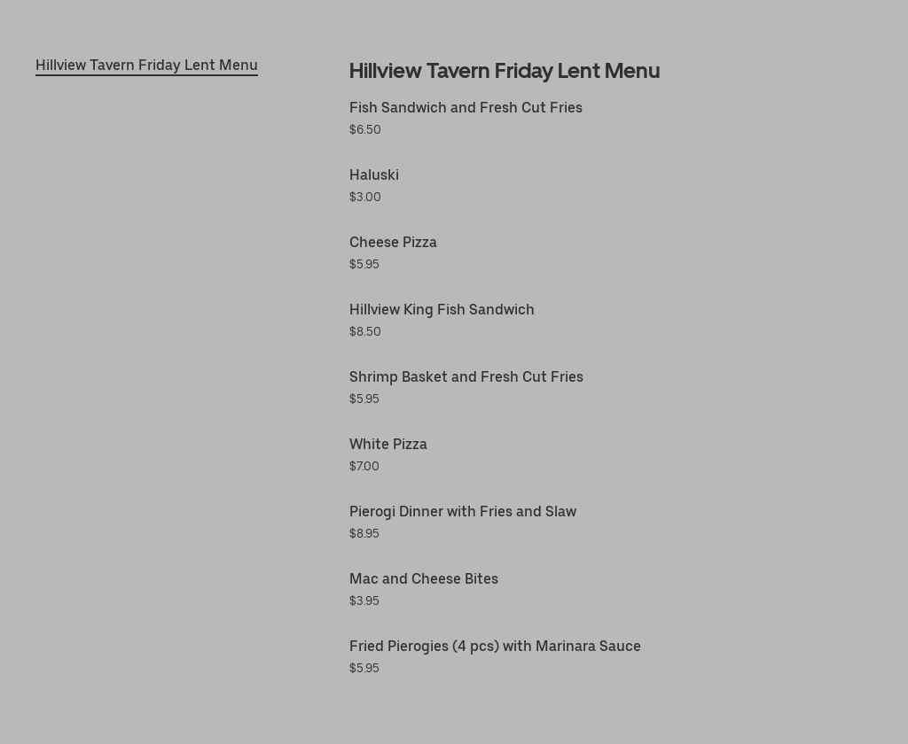 Hillview Tavern Menu