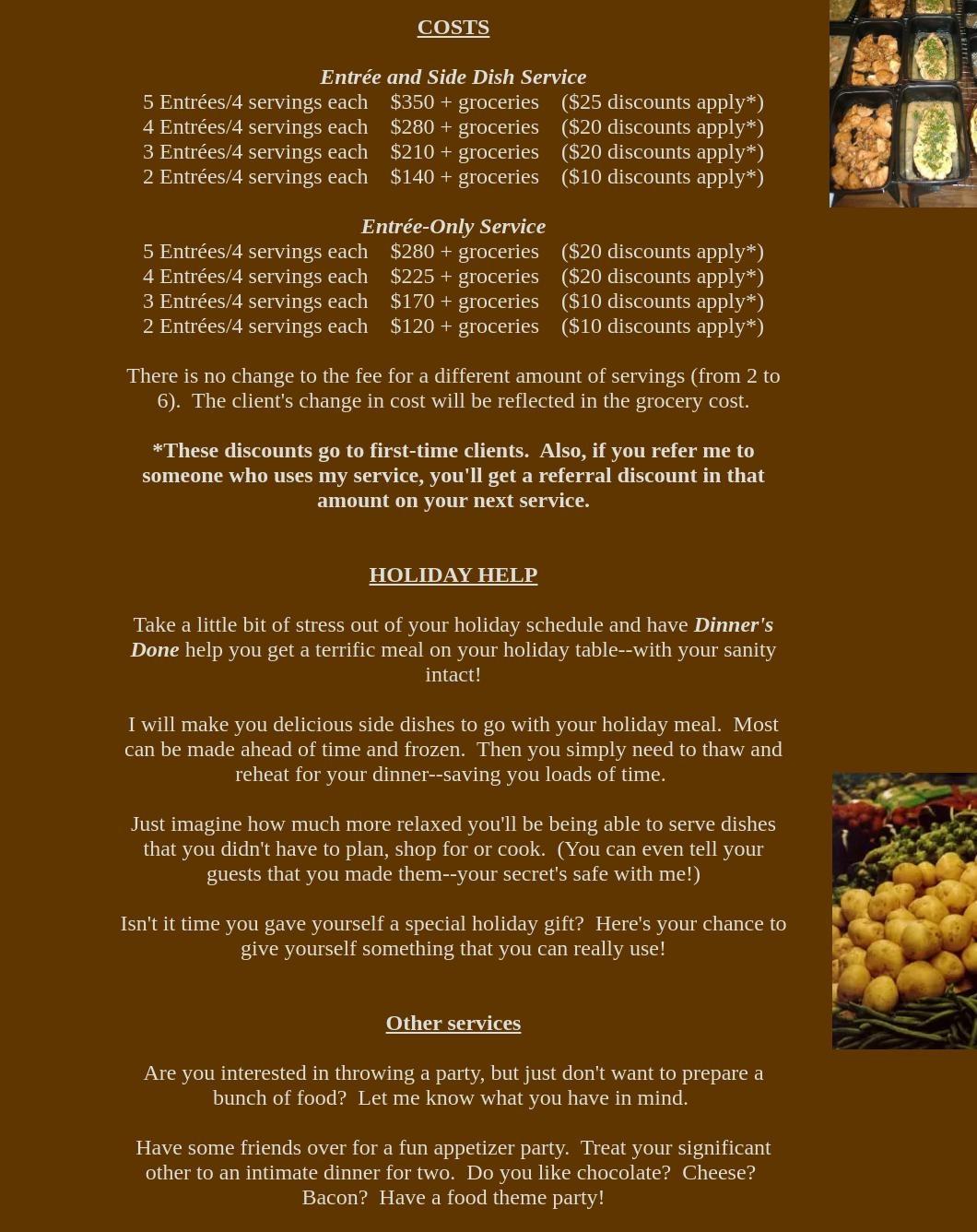 Dinner's Done Personal Chef Service Menu