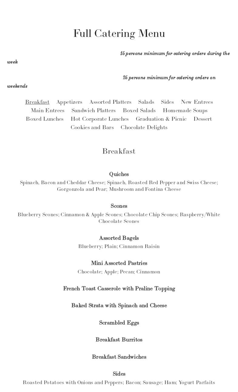 P W Catering LLC Menu