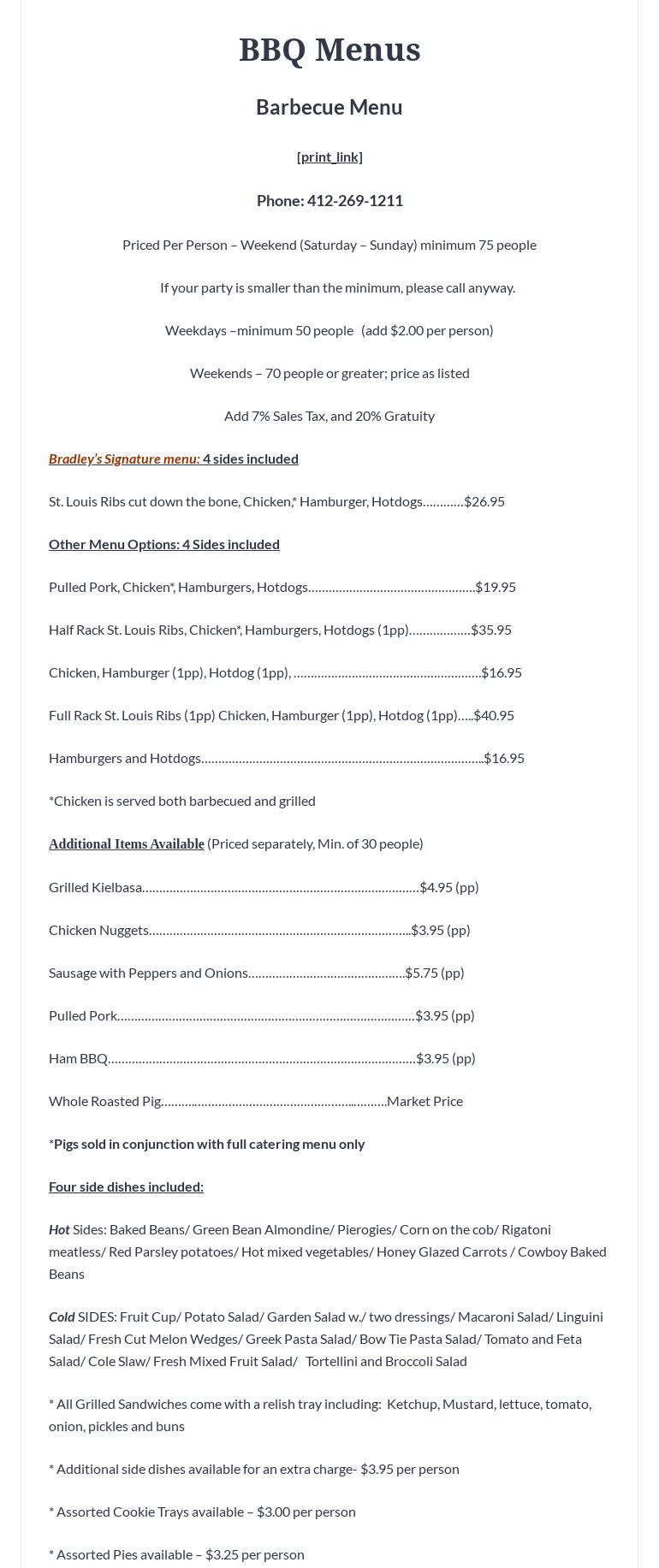 Bradley's lunch and Catering Menu