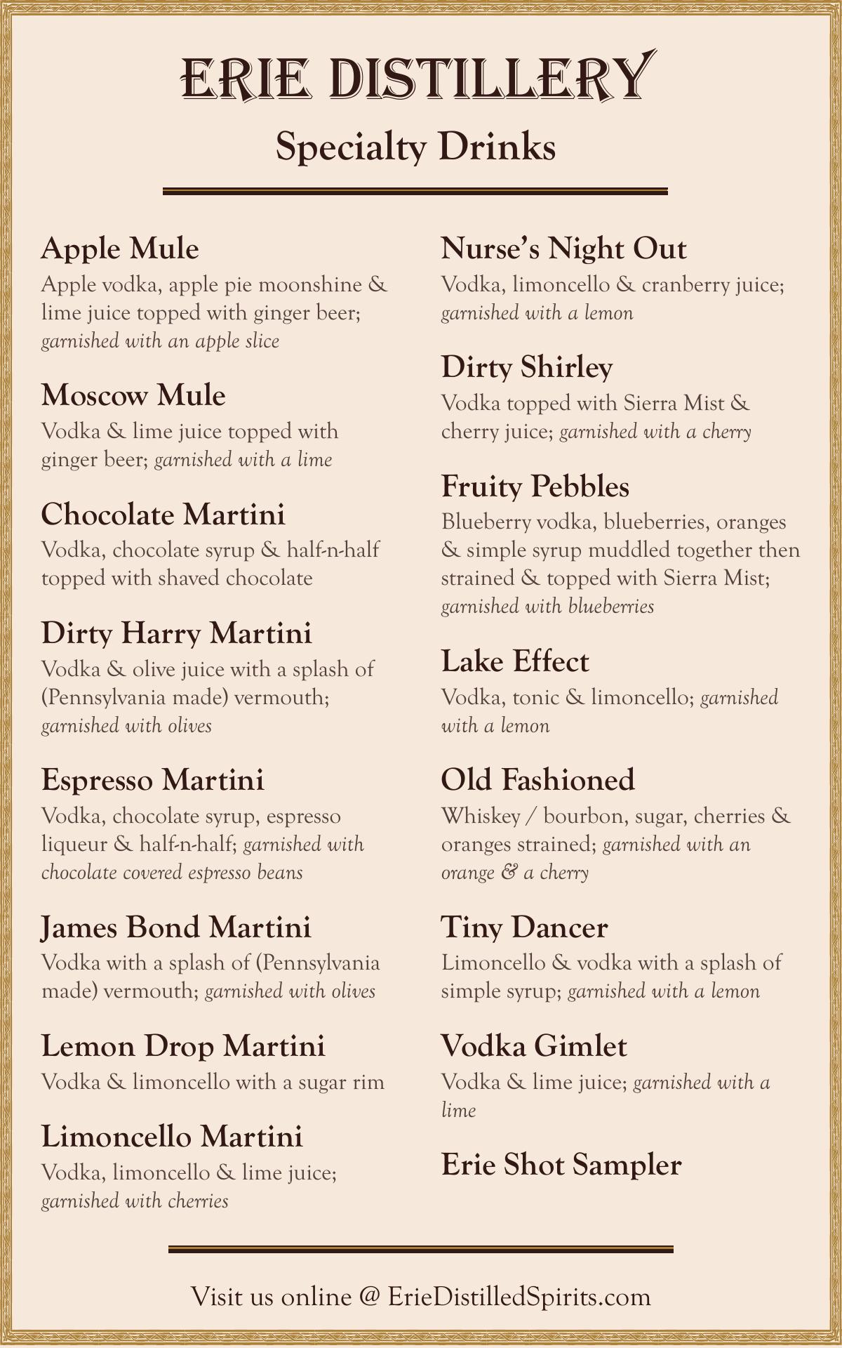 Erie Distillery Menu