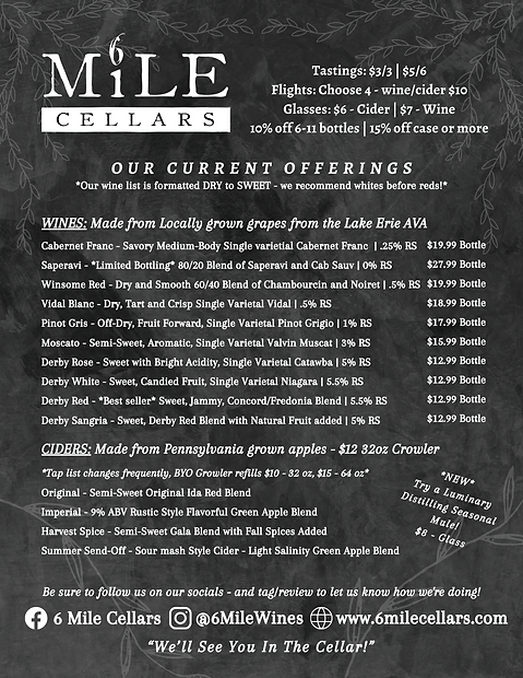 6 Mile Cellars, Inc. Menu