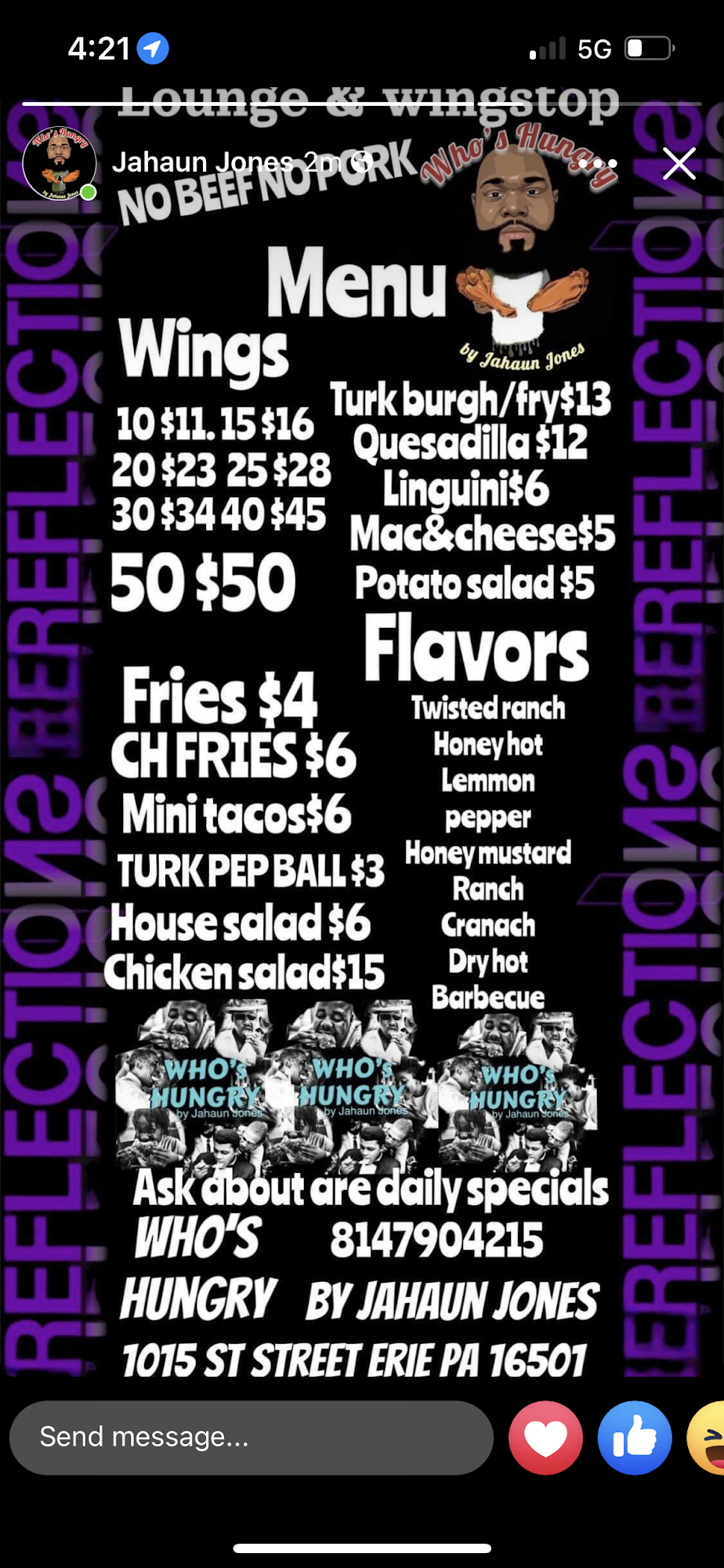 Reflections lounge & Wingstop Menu