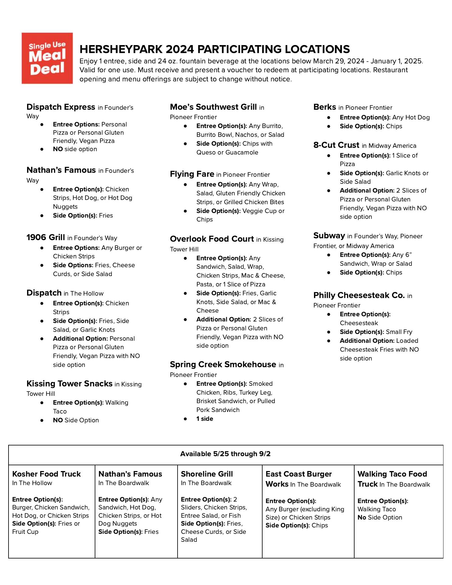 Kissing Tower Snacks Menu