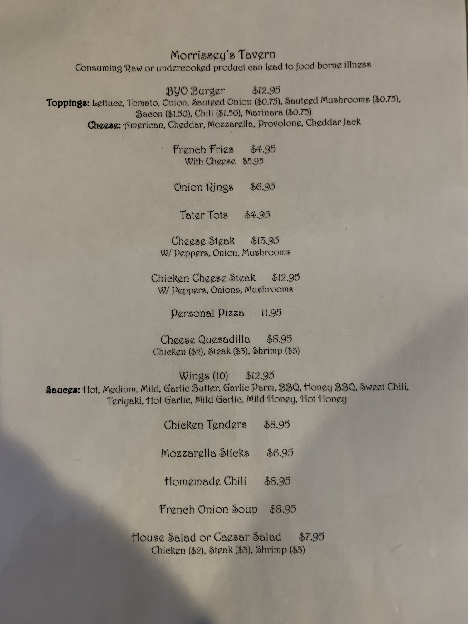 Morrissey's Tavern & Restaurant Menu