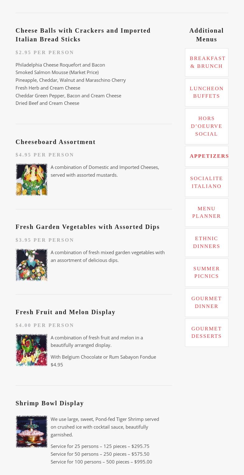 Joey Del's 2001 Caterers Menu