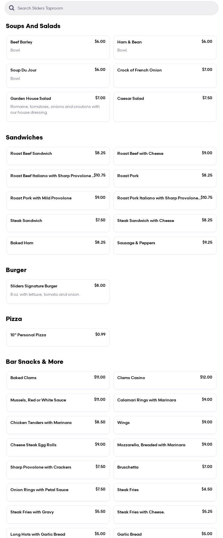 Slider's Taproom Menu