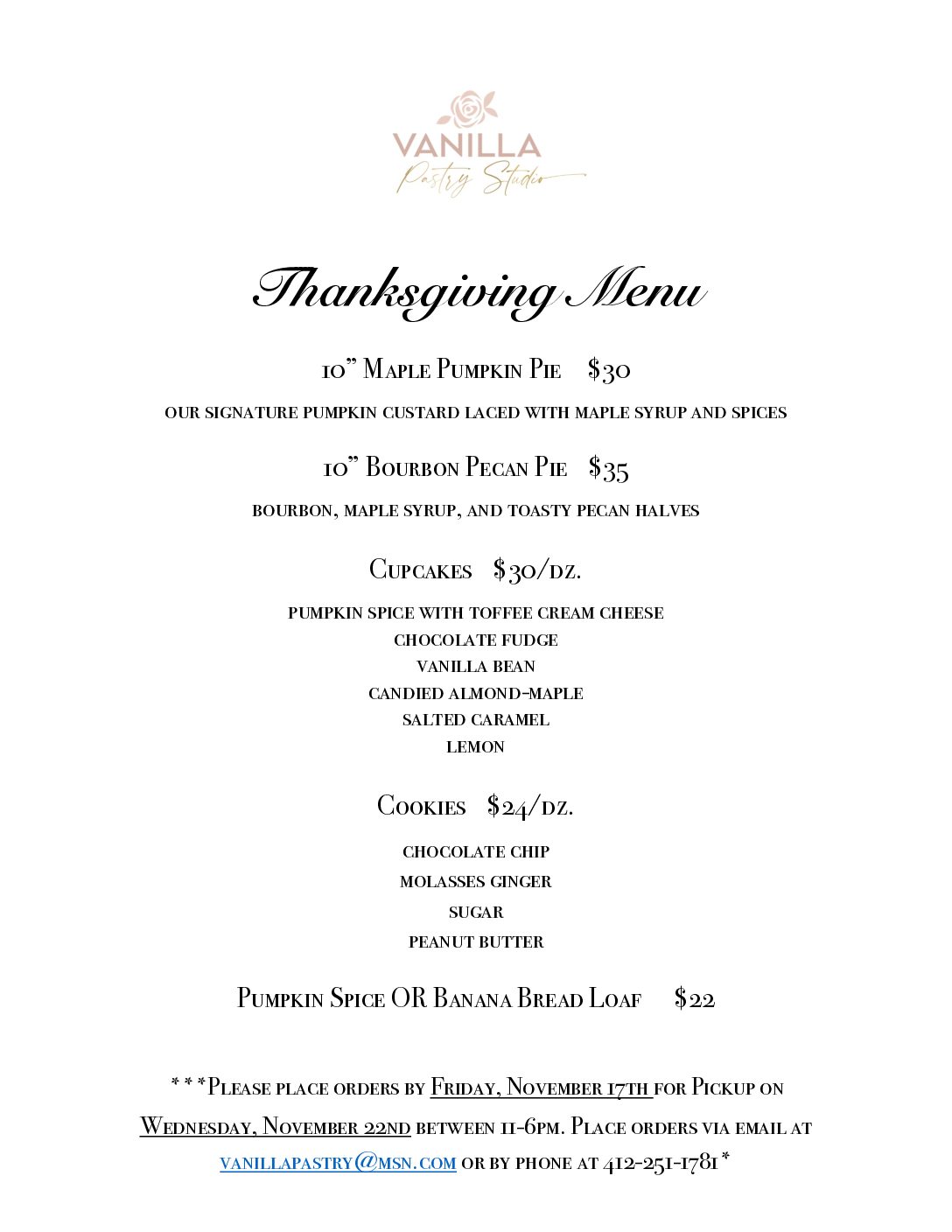 Vanilla Pastry Studio Menu