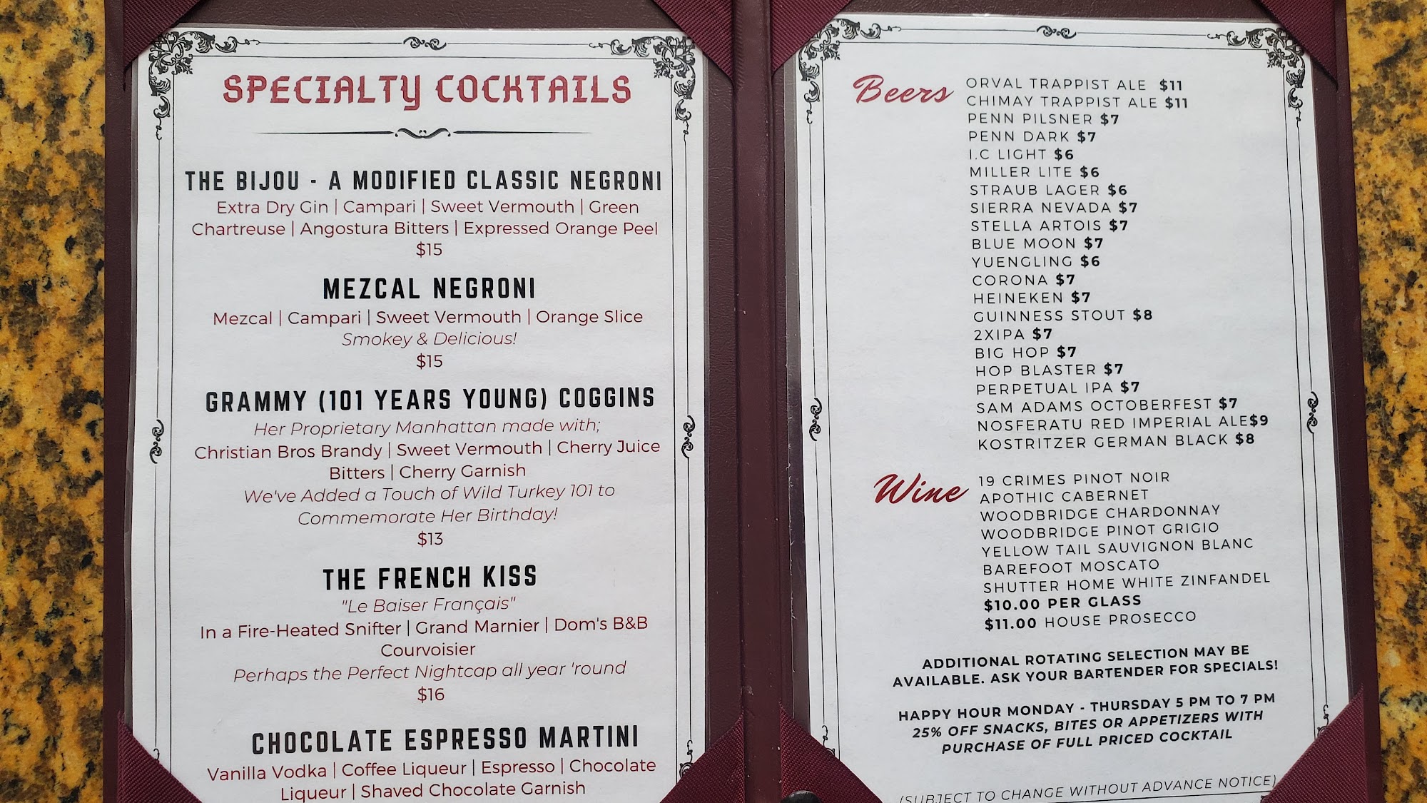 Monk's Bar Menu