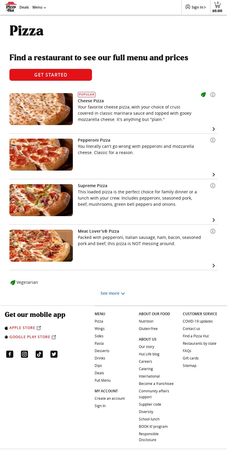 Pizza Hut Menu