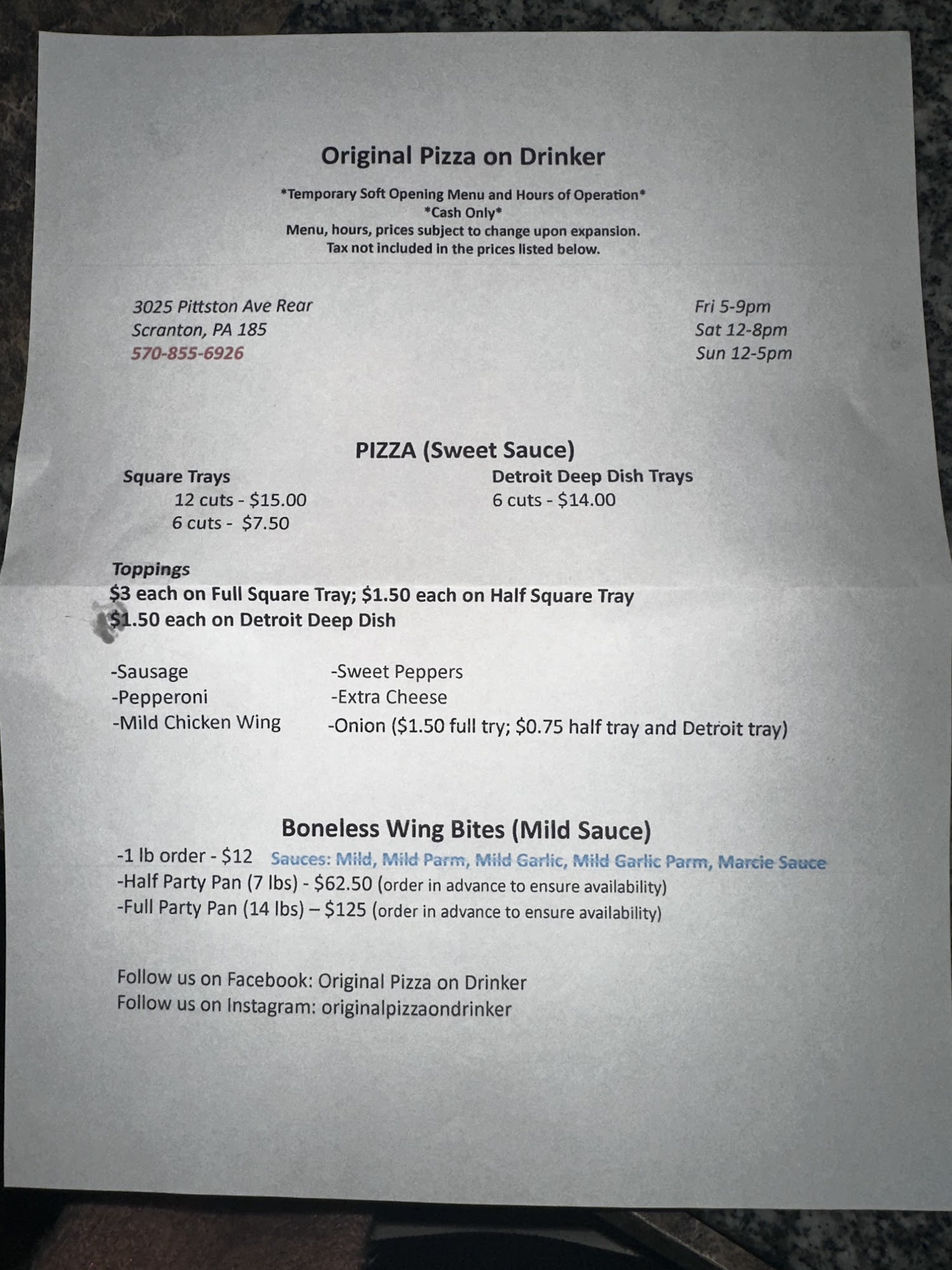 Original Pizza on Drinker Menu