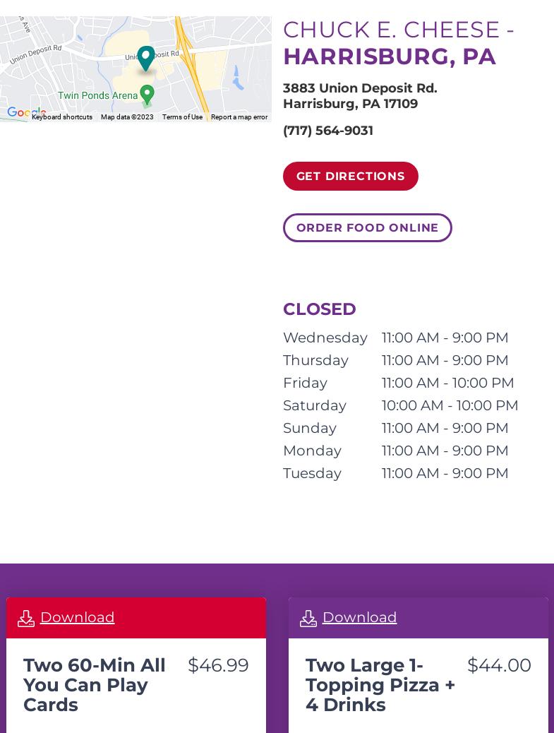Chuck E. Cheese Menu