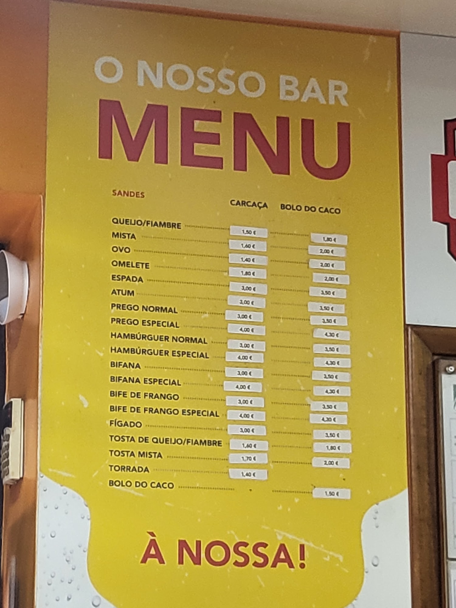 O Nosso Bar Menu