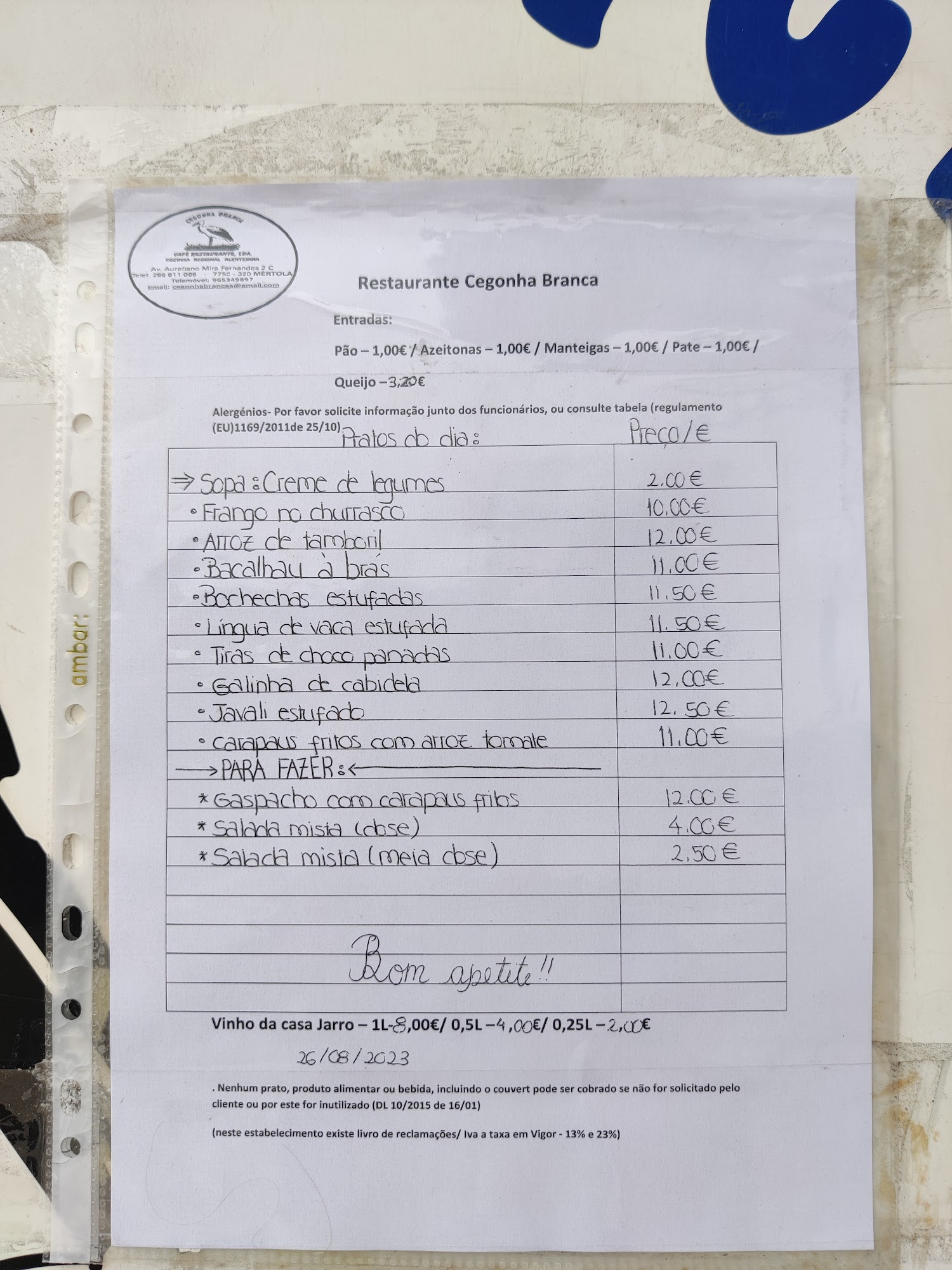 Cegonha Branca Menu