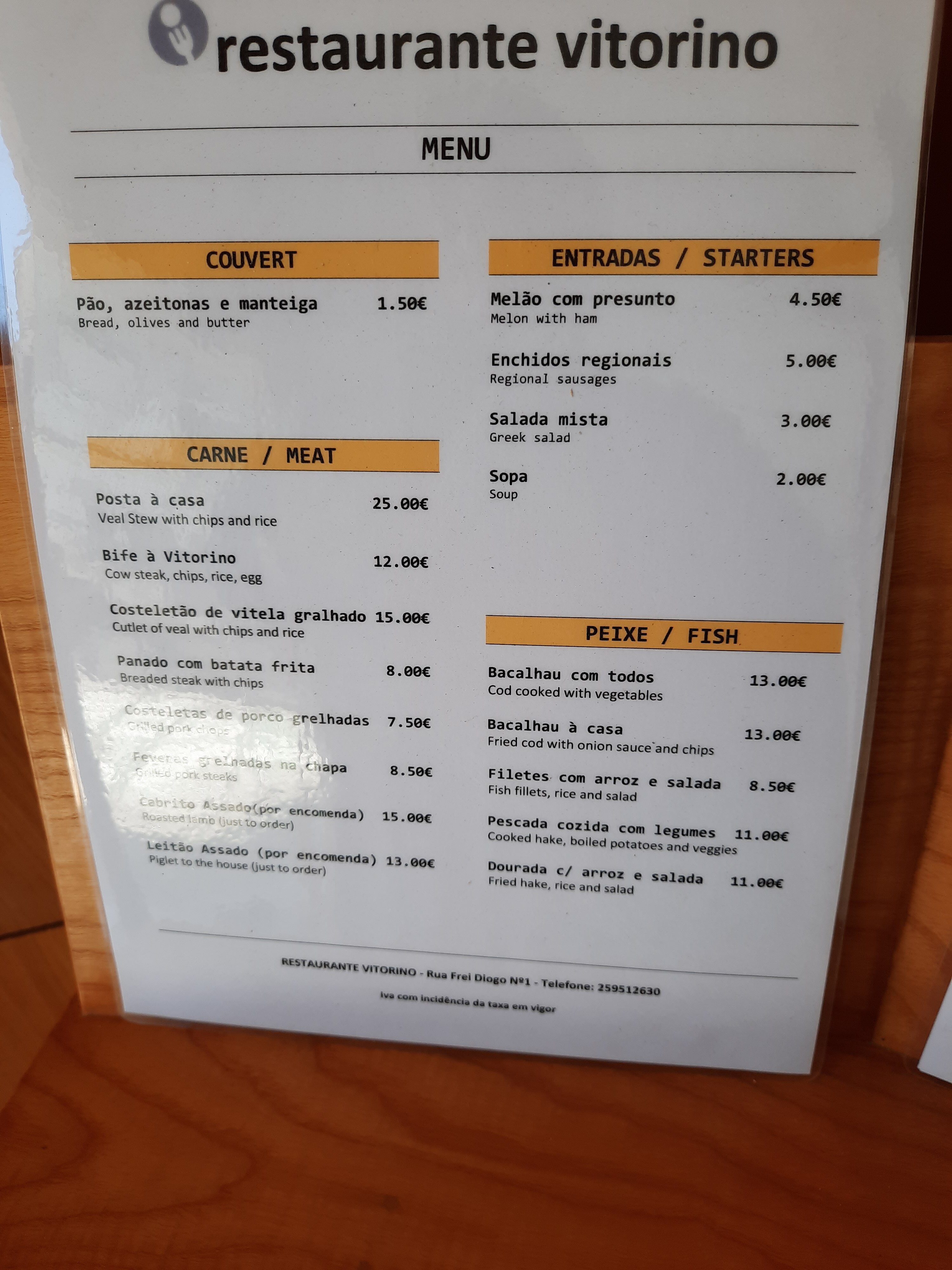 Restaurante Vitorino Menu