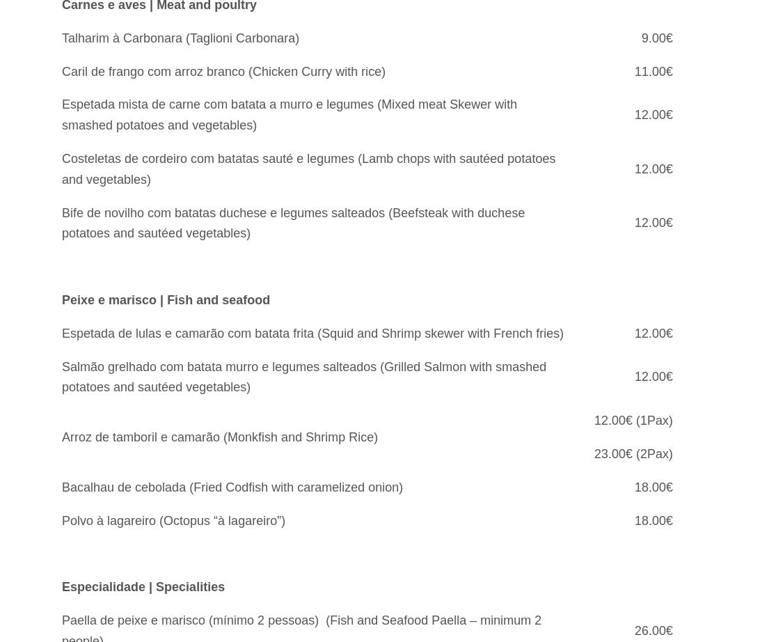 Tasca Caribe Restaurante Menu