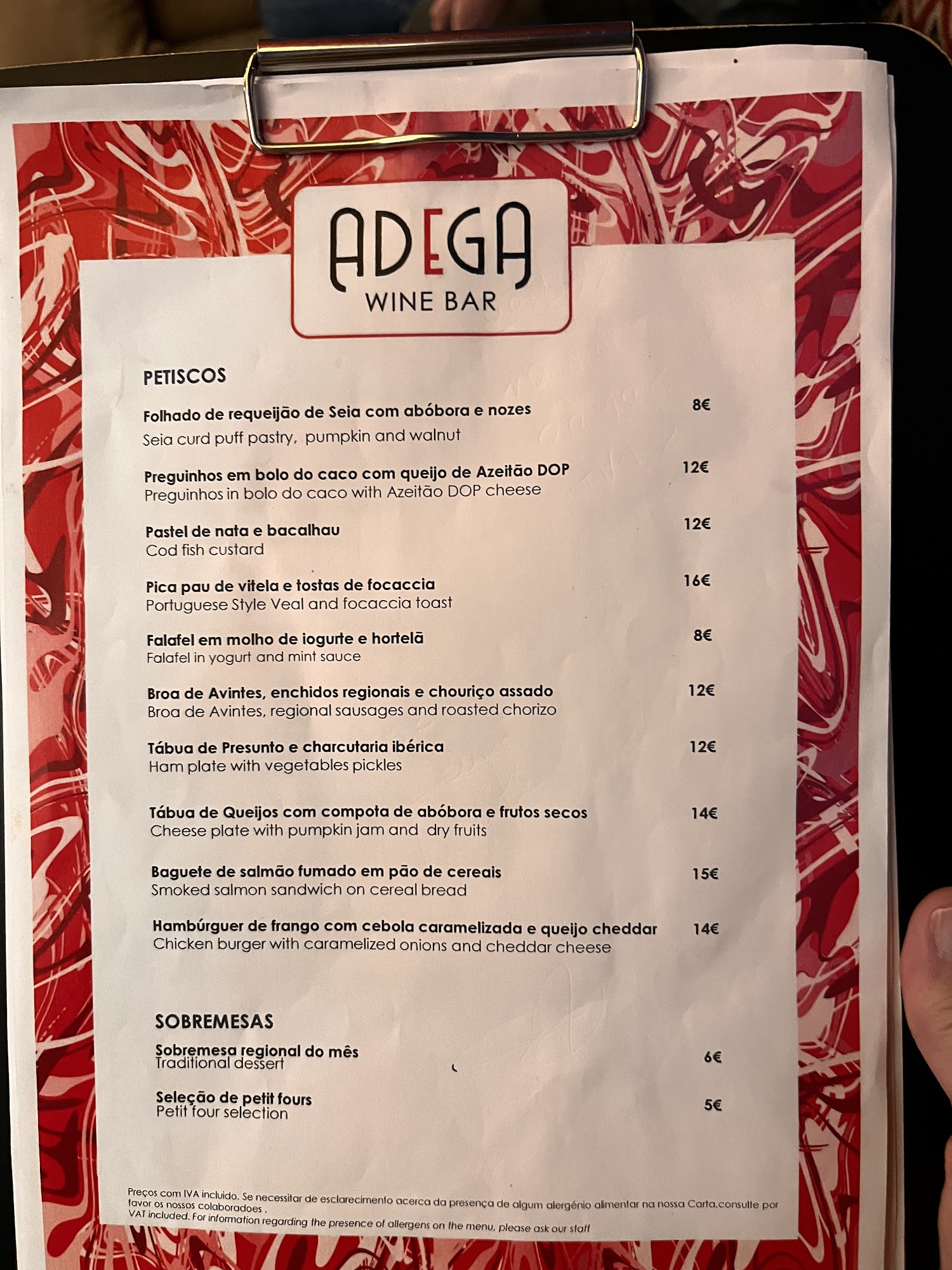 Adega Wine Bar Menu